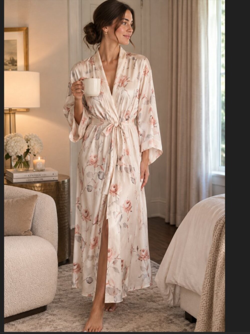 Women's Floral 100% silk long Robe with soft pink floral print